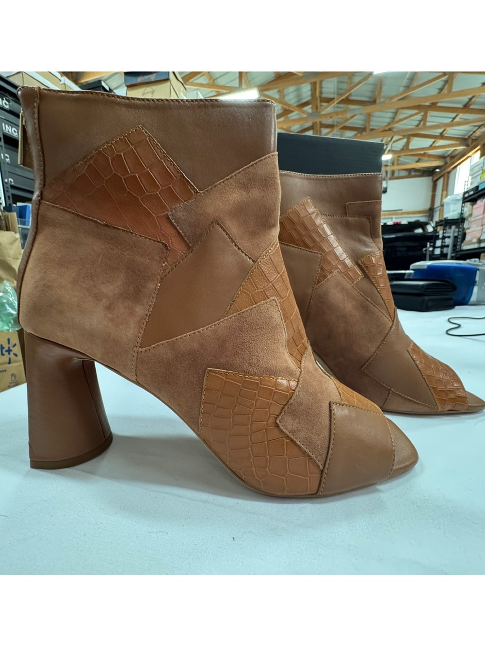Liverpool Brown Patchwork Leather Ankle boots with peep toe. Size 10